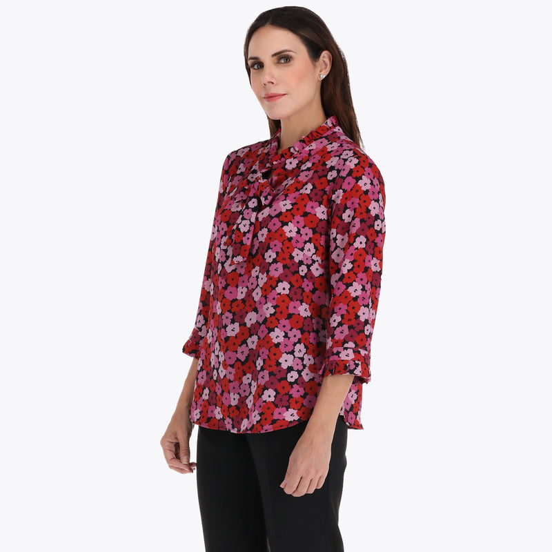 Blusa con Amarre en Escote y Escarolas en Cuello y Puño en Tejido Plano