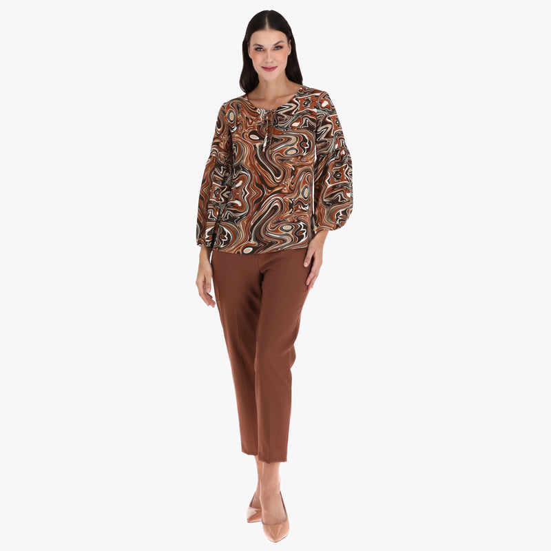 Blusa con Amarre en Escote y Manga Aglobada en Tejido Plano