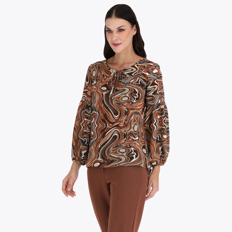 Blusa con Amarre en Escote y Manga Aglobada en Tejido Plano