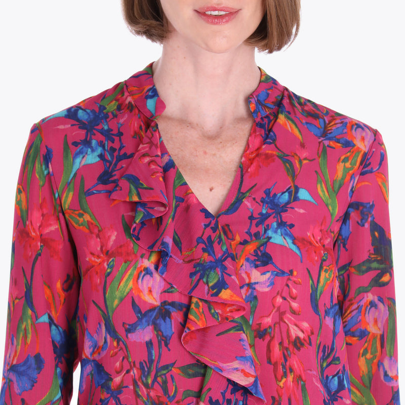 Blusa con Cuello Chino y Escarola Tejido Plano
