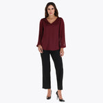 Blusa Escote V en Satin y Mangas en Chiffon Plisadas en Tejido Plano