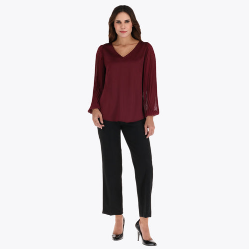 Blusa Escote V en Satin y Mangas en Chiffon Plisadas en Tejido Plano