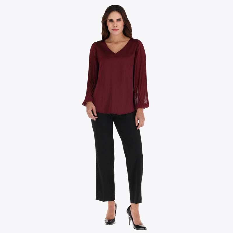 Blusa Escote V en Satin y Mangas en Chiffon Plisadas en Tejido Plano