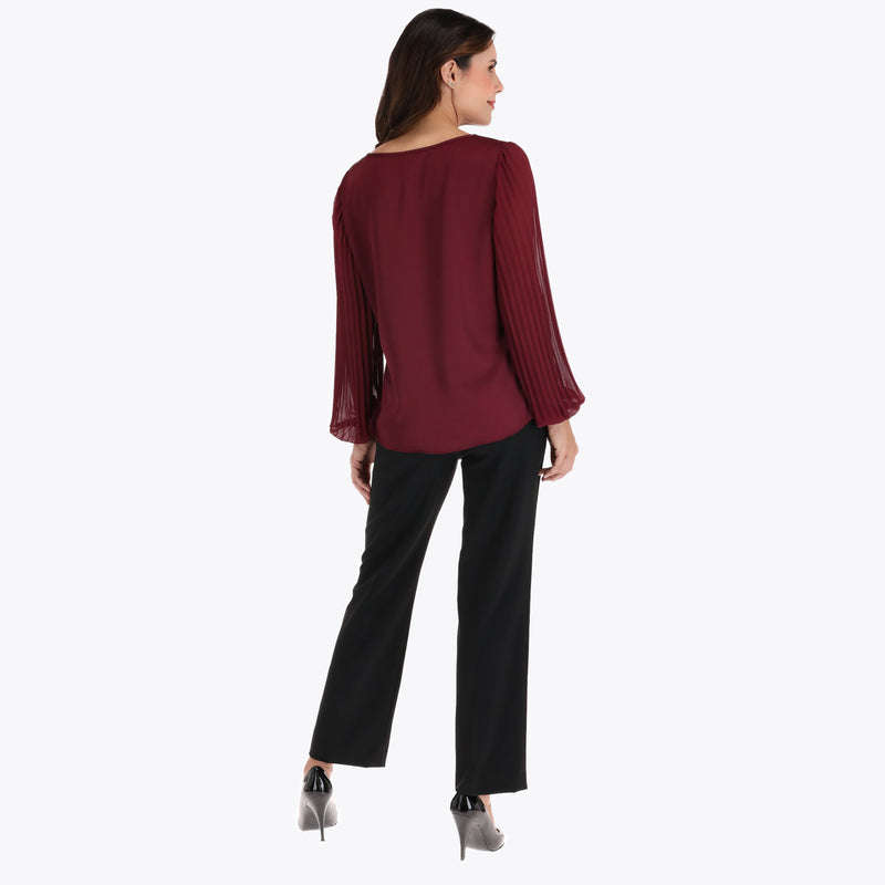 Blusa Escote V en Satin y Mangas en Chiffon Plisadas en Tejido Plano