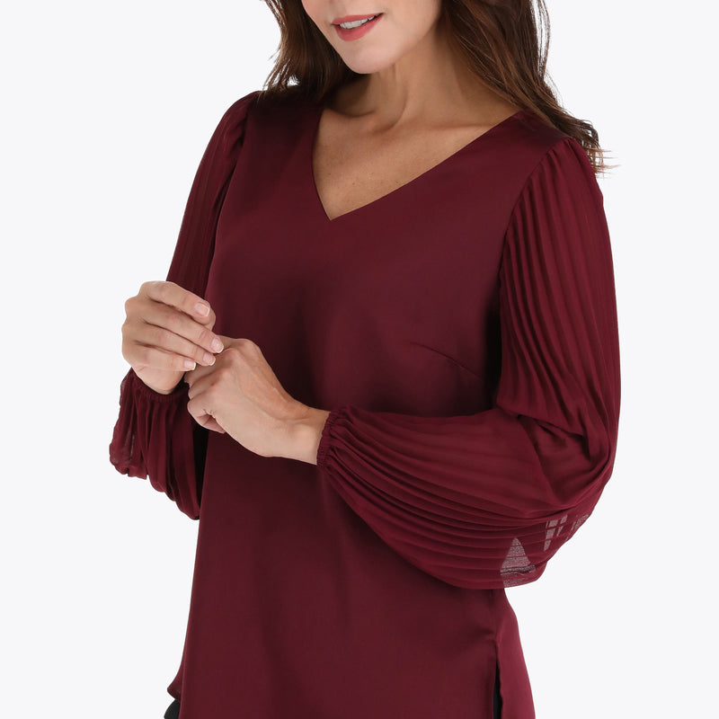 Blusa Escote V en Satin y Mangas en Chiffon Plisadas en Tejido Plano