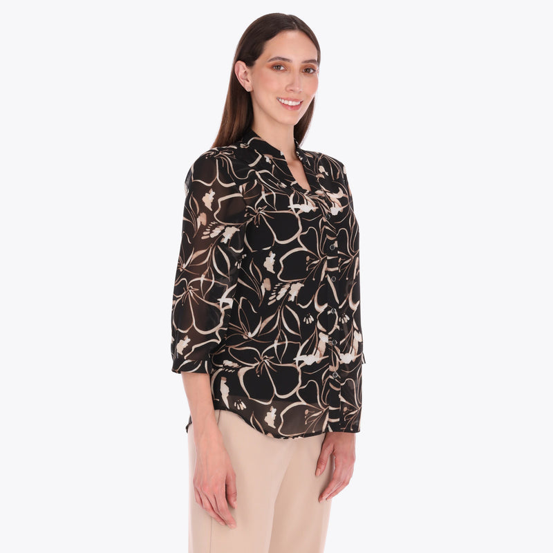 Blusa Camisera con Cuello Chino tejido Plano