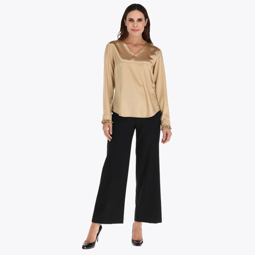 Blusa con Escote en V en Satin con Rizo en Puño en Tejido Plano