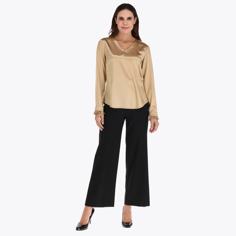 Blusa con Escote en V en Satin con Rizo en Puño en Tejido Plano