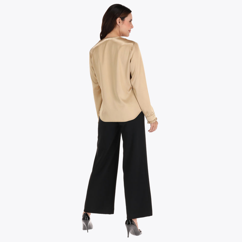 Blusa con Escote en V en Satin con Rizo en Puño en Tejido Plano