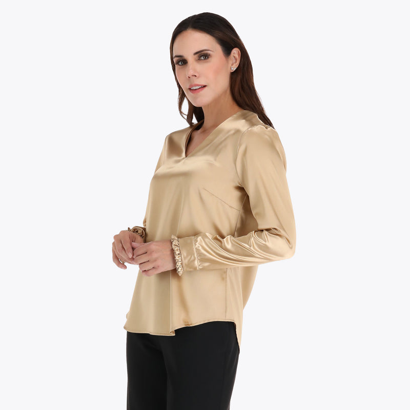 Blusa con Escote en V en Satin con Rizo en Puño en Tejido Plano