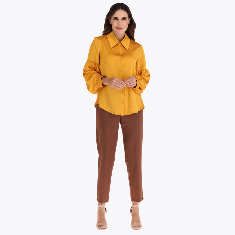 Blusa Camisera en Satin con Manga Aglobada y Puño en Tejido Plano