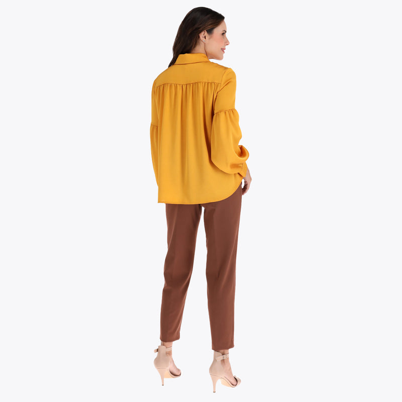 Blusa Camisera en Satin con Manga Aglobada y Puño en Tejido Plano