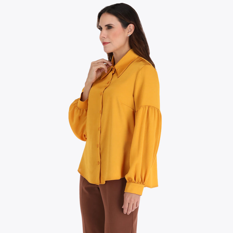 Blusa Camisera en Satin con Manga Aglobada y Puño en Tejido Plano