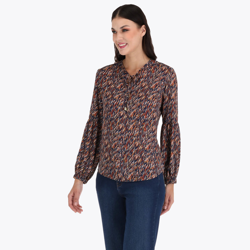 Blusa con Amarre al Frente y Elastico en Puños en Tejido Plano