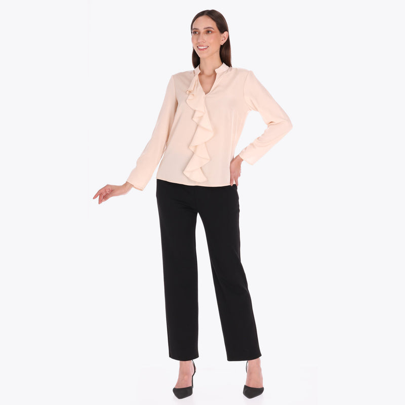 Blusa con Cuello Chino y Escarola al Frente Tejido Plano