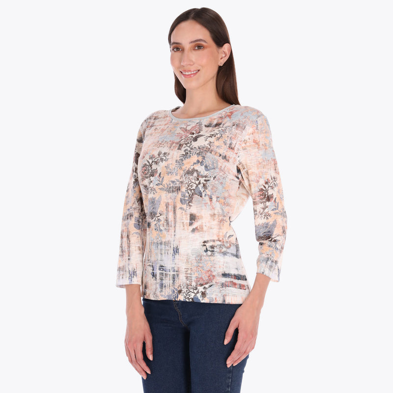 Top Escote Redondo con Rib Metálico Manga 3/4"