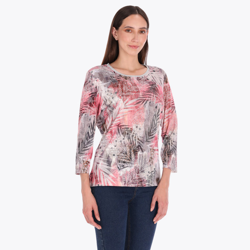 Top Escote Redondo con Rib Metálico Manga 3/4"