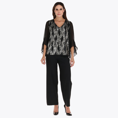 Blusa Escote en V con Mangas en Chiffon Cuerpo en Tejido de Punto