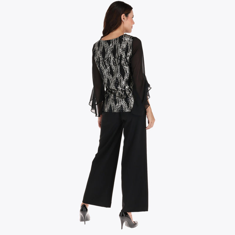 Blusa Escote en V con Mangas en Chiffon Cuerpo en Tejido de Punto