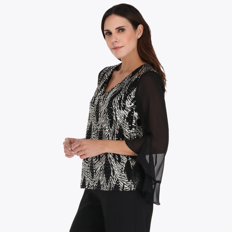 Blusa Escote en V con Mangas en Chiffon Cuerpo en Tejido de Punto