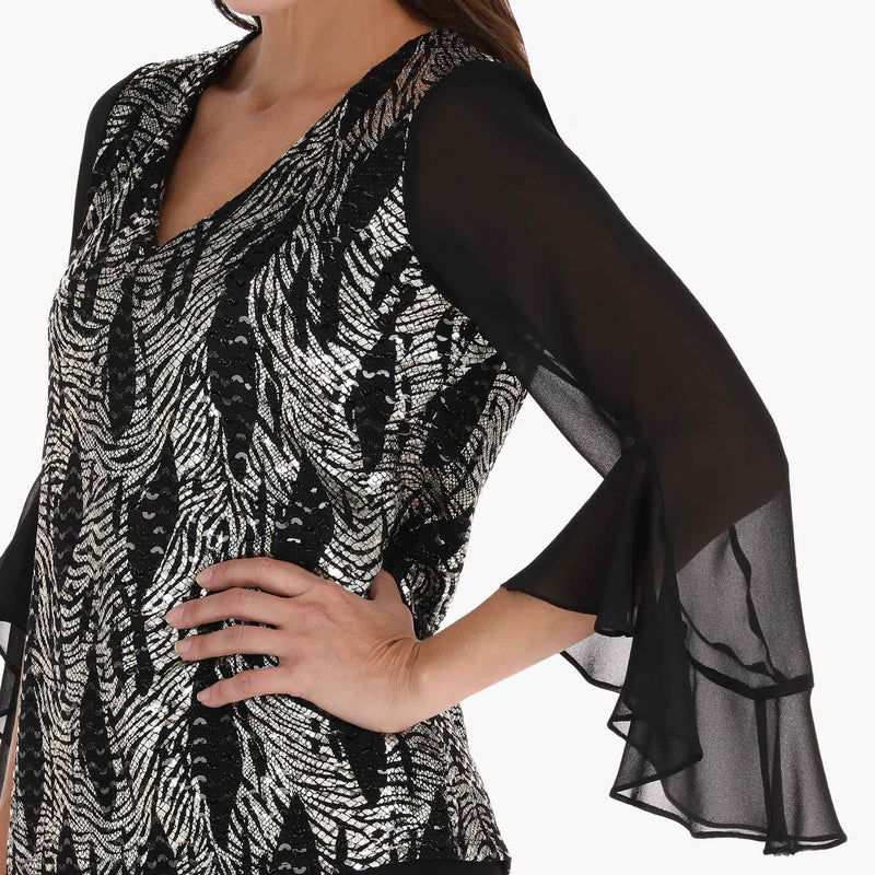 Blusa Escote en V con Mangas en Chiffon Cuerpo en Tejido de Punto